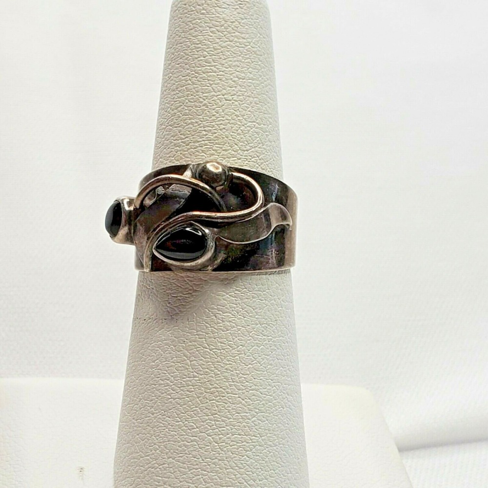 Vintage 925 Sterling Silver Abstract Vine Black Onyx Buds Design Ring Size 6.75 - Picture 3 of 12